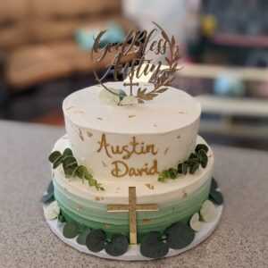 Round Two Tier White, Green, and Gold Cross Cake